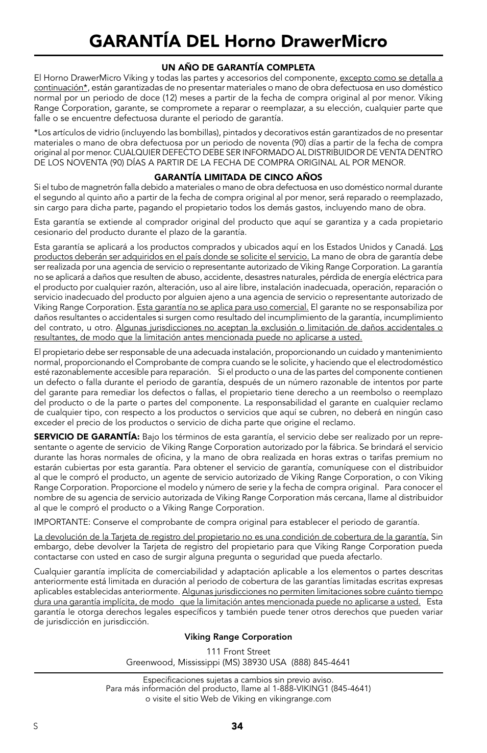 Garantía del horno drawermicro | Viking DrawerMicro Drawer Micro Oven User Manual | Page 68 / 108