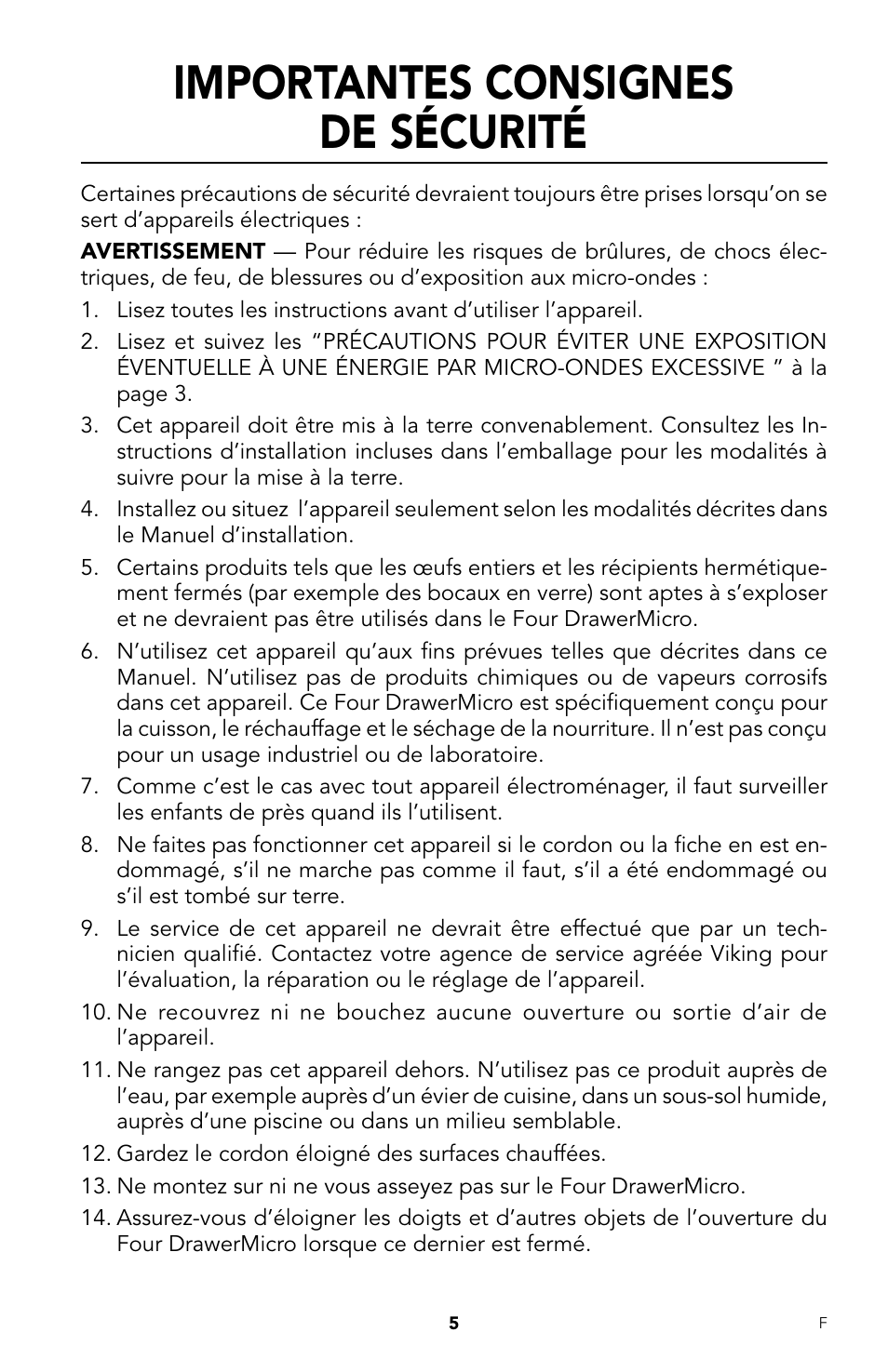 Importantes consignes de sécurité | Viking DrawerMicro Drawer Micro Oven User Manual | Page 73 / 108