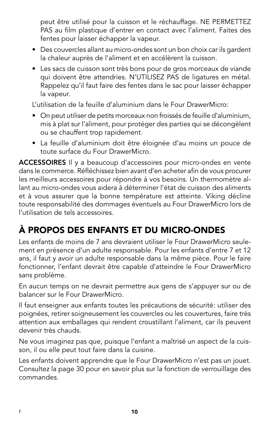 À propos des enfants et du micro-ondes | Viking DrawerMicro Drawer Micro Oven User Manual | Page 78 / 108