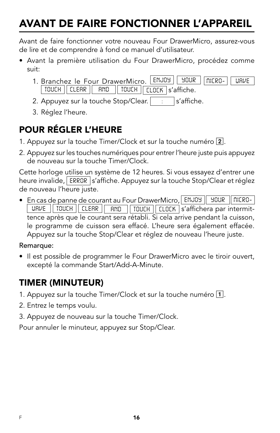 Avant de faire fonctionner l’appareil, Pour régler l’heure, Timer (minuteur) | Viking DrawerMicro Drawer Micro Oven User Manual | Page 84 / 108