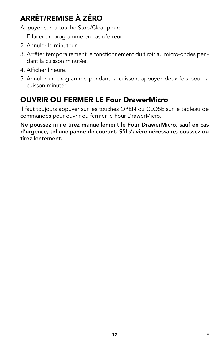 Arrêt/remise à zéro, Ouvrir ou fermer le four drawermicro | Viking DrawerMicro Drawer Micro Oven User Manual | Page 85 / 108