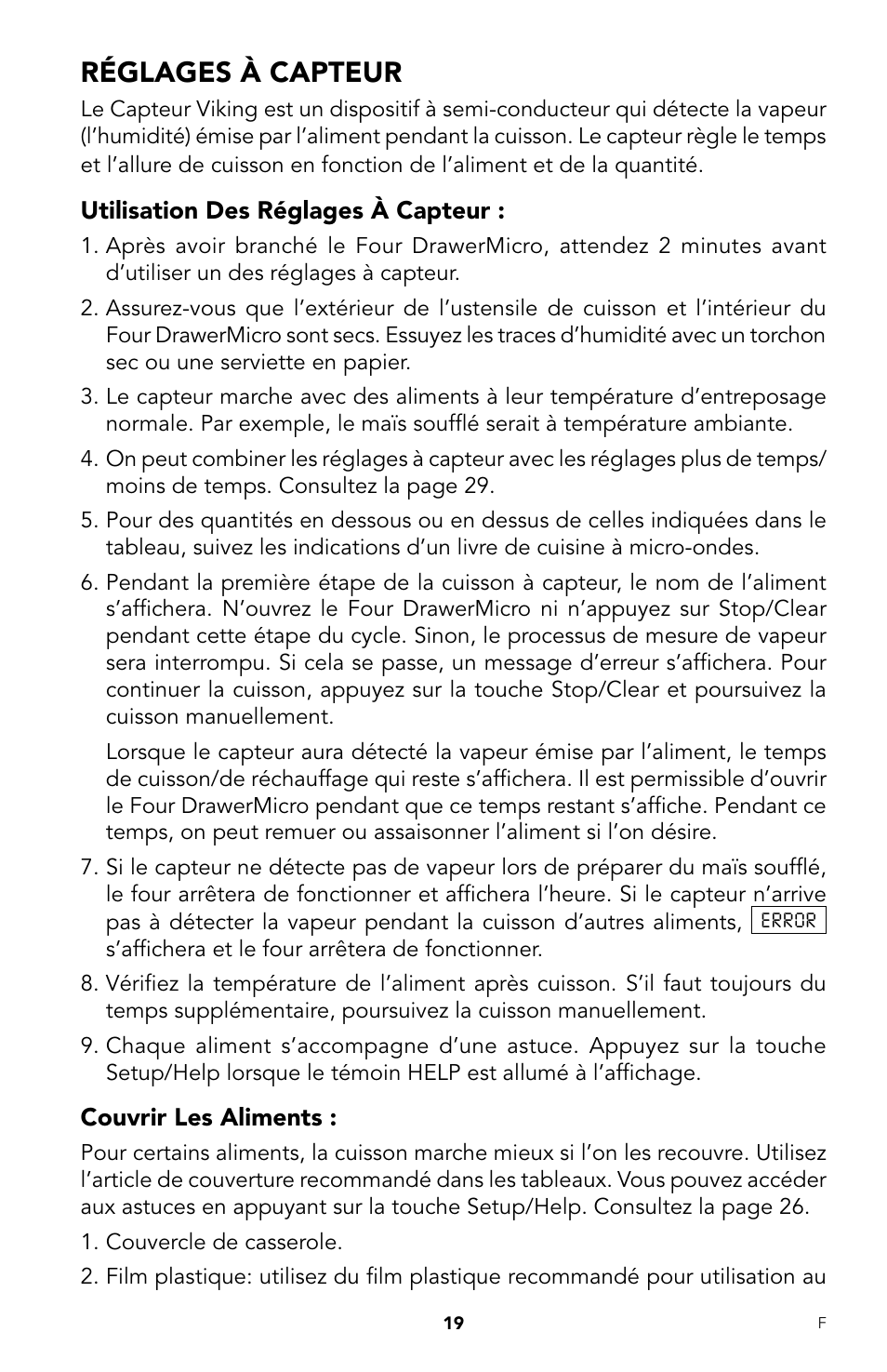 Réglages à capteur | Viking DrawerMicro Drawer Micro Oven User Manual | Page 87 / 108