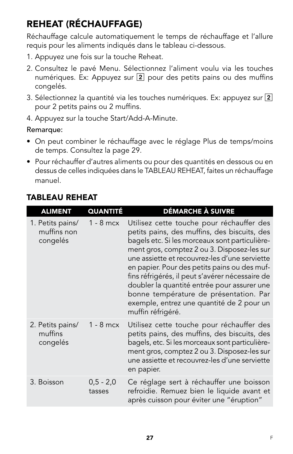 Reheat (réchauffage) | Viking DrawerMicro Drawer Micro Oven User Manual | Page 95 / 108