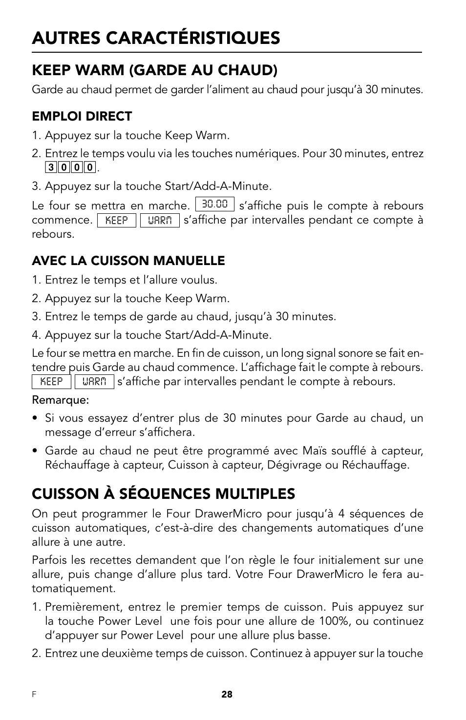 Autres caractéristiques, Keep warm (garde au chaud), Cuisson à séquences multiples | Viking DrawerMicro Drawer Micro Oven User Manual | Page 96 / 108