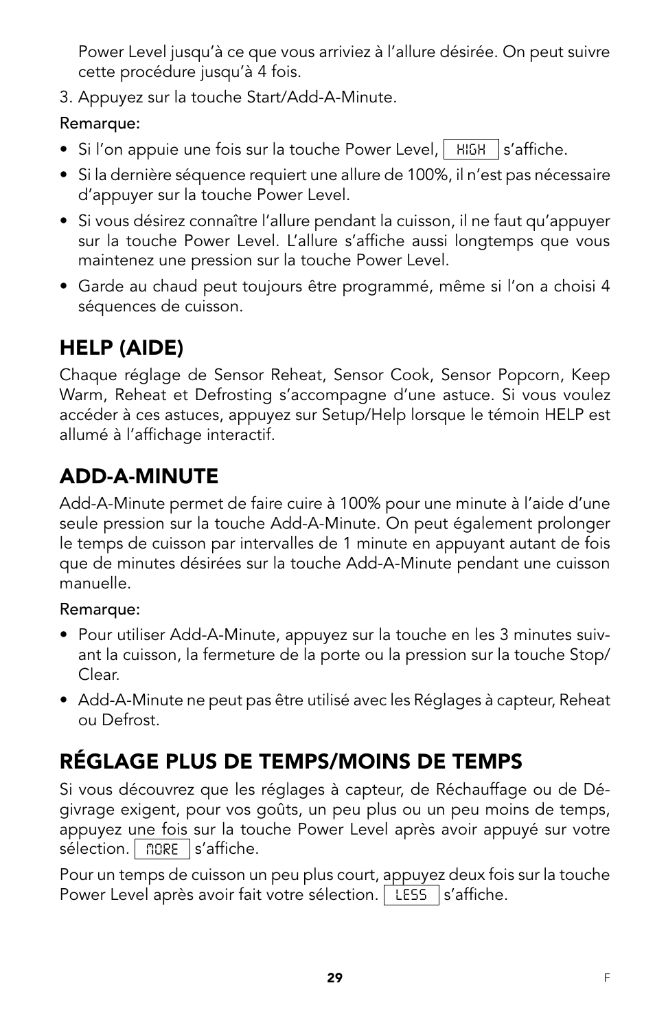 Help (aide), Add-a-minute, Réglage plus de temps/moins de temps | Viking DrawerMicro Drawer Micro Oven User Manual | Page 97 / 108