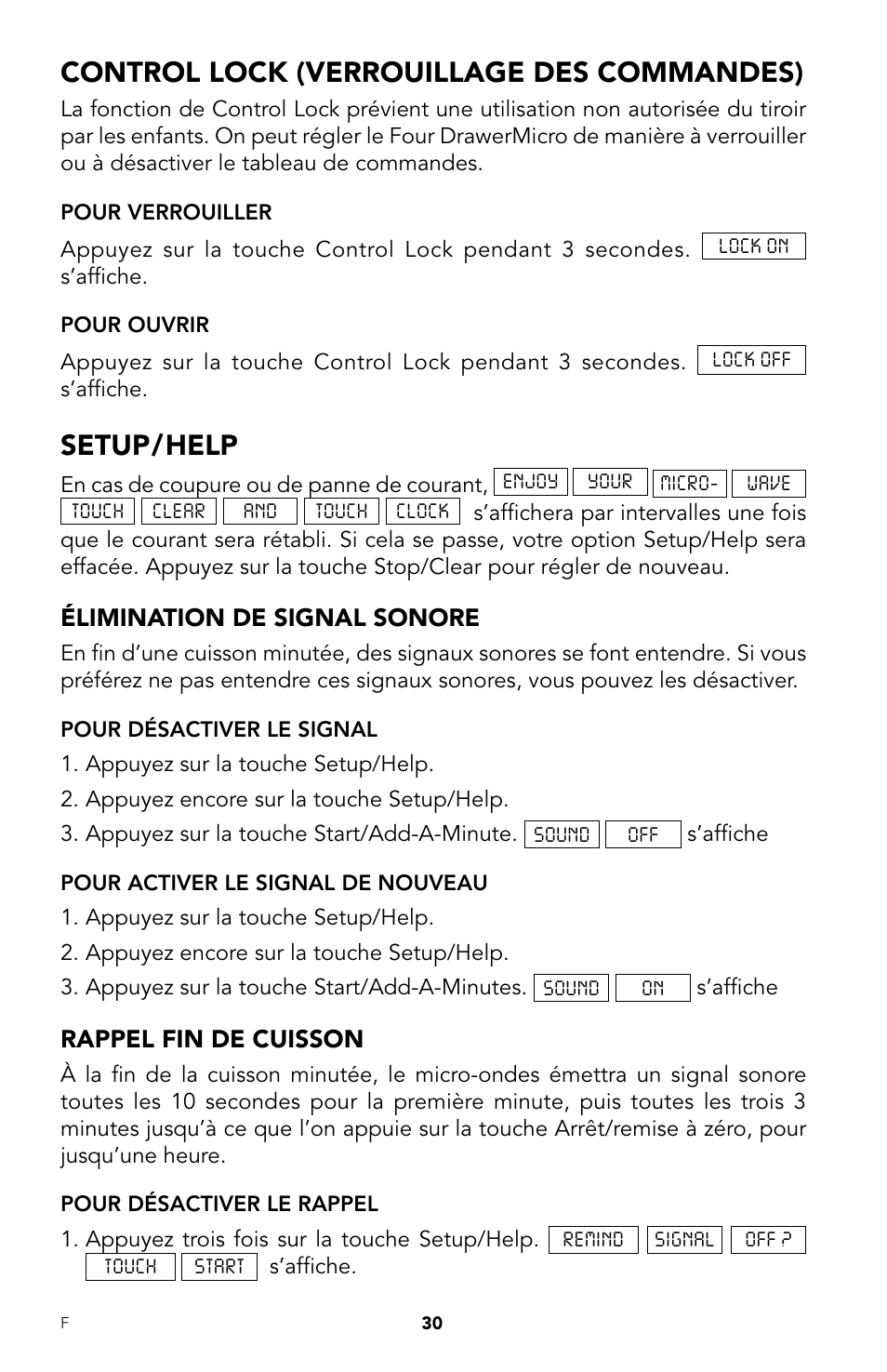 Control lock (verrouillage des commandes), Setup/help, Élimination de signal sonore | Rappel fin de cuisson | Viking DrawerMicro Drawer Micro Oven User Manual | Page 98 / 108