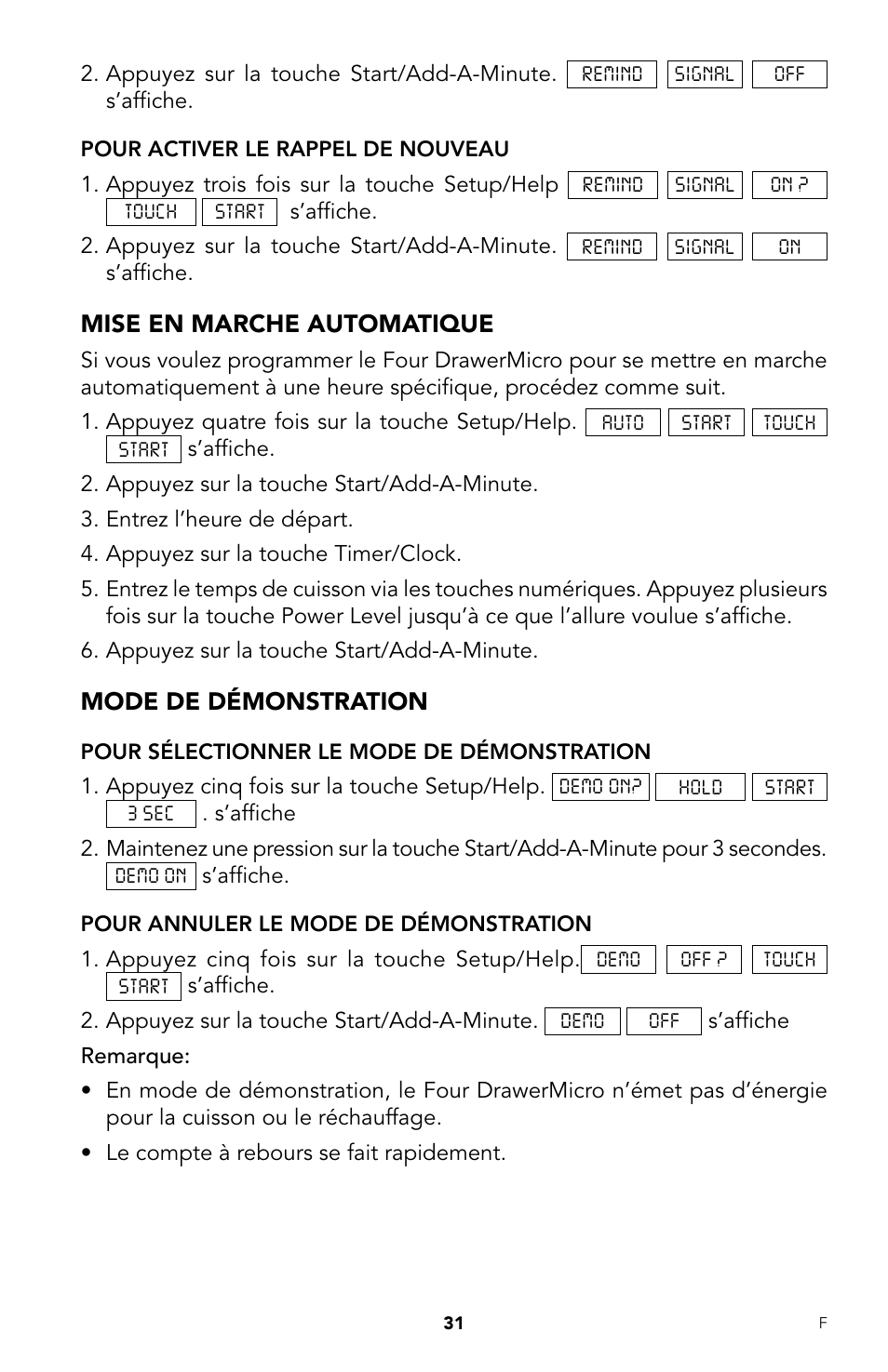 Mise en marche automatique, Mode de démonstration | Viking DrawerMicro Drawer Micro Oven User Manual | Page 99 / 108