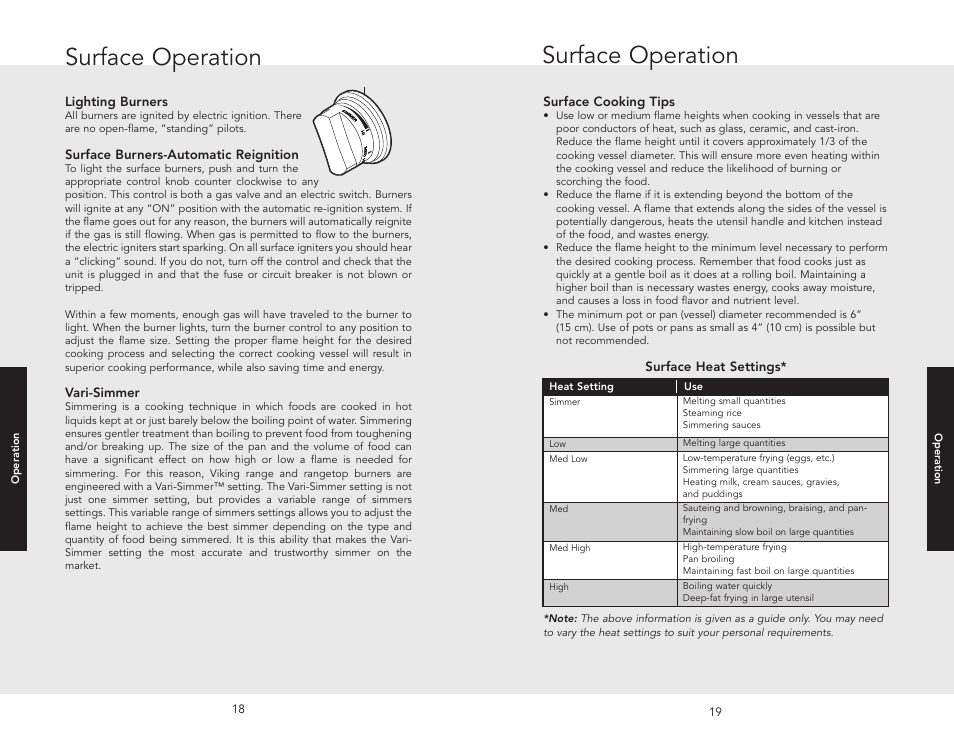 Surface heat settings, Cooking vesse, Surface heat settings* cooking vessels | Surface operation | Viking F20512 User Manual | Page 10 / 24