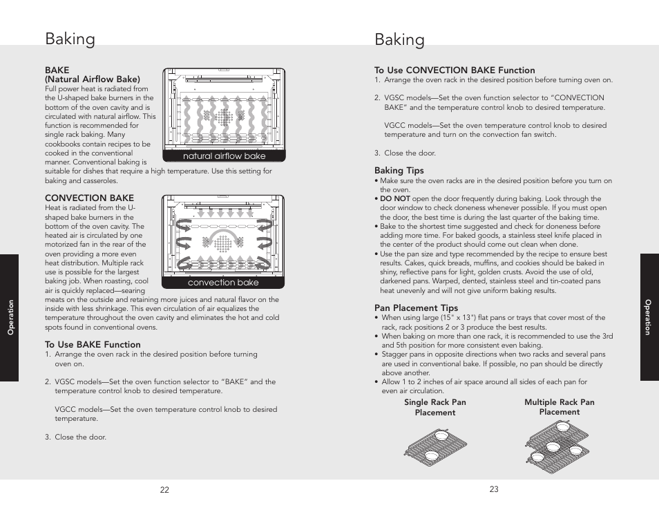 Baking, Bake(natural airflow bake), Convection bake | Bake(natural airflow bake) convection bake | Viking F20512 User Manual | Page 12 / 24