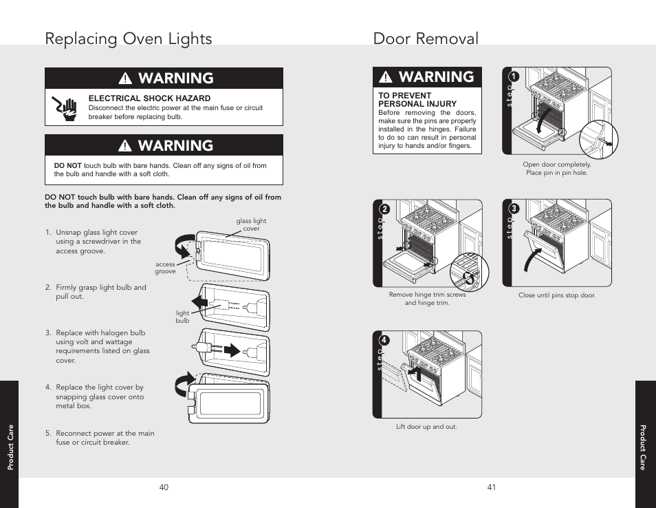 Replacing oven lights, Door removal, Replacing oven lights door removal | Warning | Viking F20512 User Manual | Page 21 / 24