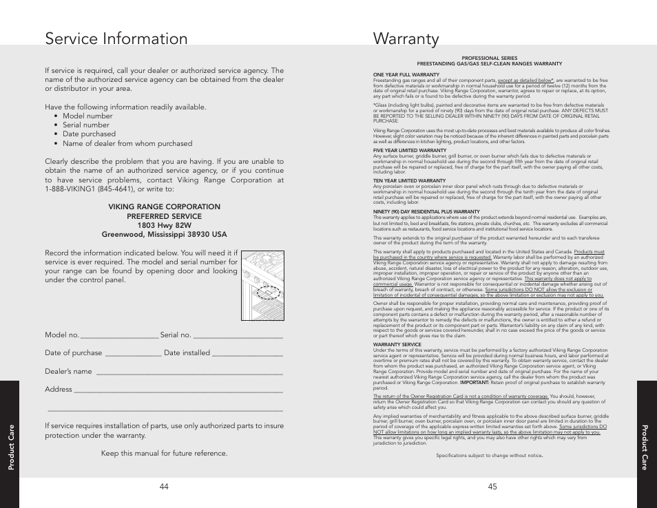 Service information, Warranty, Service information warranty | Viking F20512 User Manual | Page 23 / 24