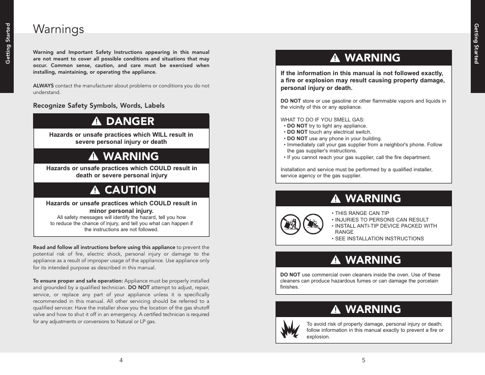 Getting started, Warnings, Warning | Danger, Warning caution warning | Viking F20512 User Manual | Page 3 / 24