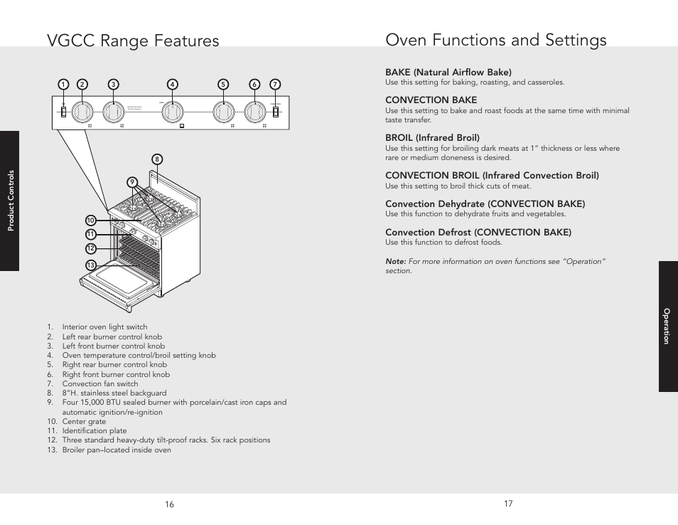 Oven functions and setting, Operation, Surface operatio | Lighting burner, Surface burners-automatic reignitio, Vari-simme, Oven functions and settings, Surface operation, Vgcc range features | Viking F20512 User Manual | Page 9 / 24