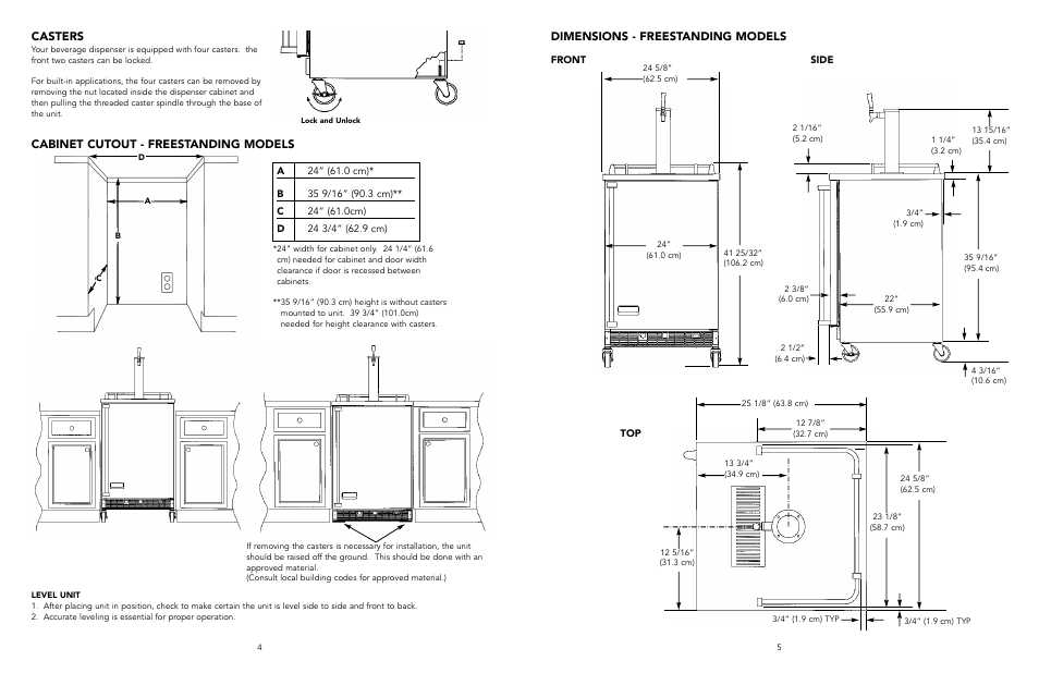 Dimensions - freestanding models, Casters, Cabinet cutout - freestanding models | Viking VRBD/VUBD 24" W User Manual | Page 3 / 9