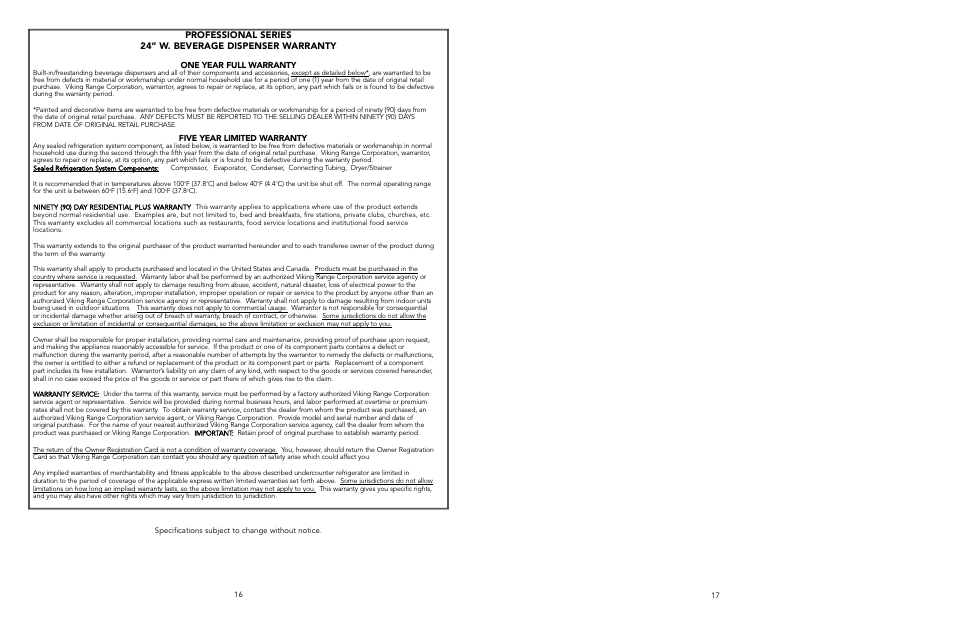 One year full warranty, Five year limited warranty | Viking VRBD/VUBD 24" W User Manual | Page 9 / 9
