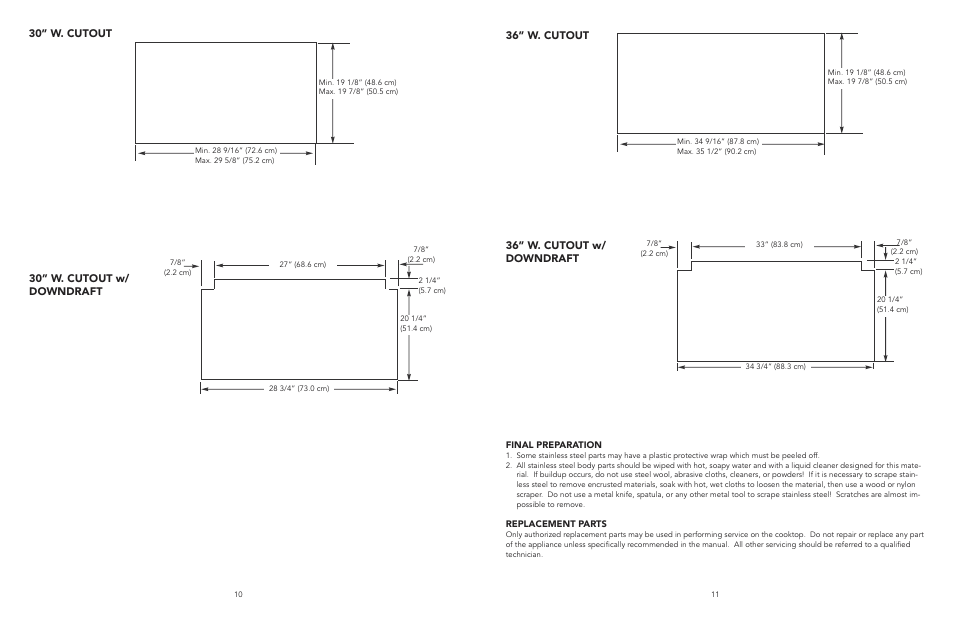 30” w. cutout w/ downdraft, 30” w. cutout, 36” w. cutout w/ downdraft 36” w. cutout | Viking F20112E User Manual | Page 6 / 6