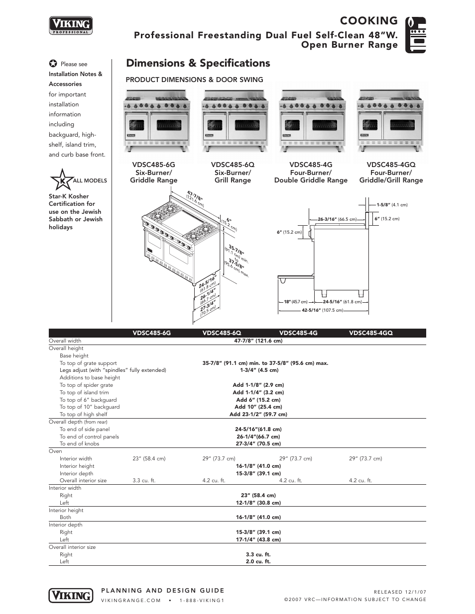 Cooking, Dimensions & specifications | Viking VDSC485-6G* User Manual | Page 2 / 6