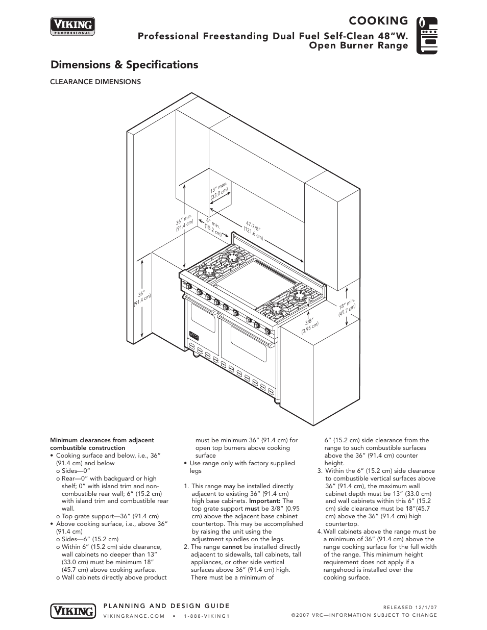 Cooking, Dimensions & specifications | Viking VDSC485-6G* User Manual | Page 3 / 6