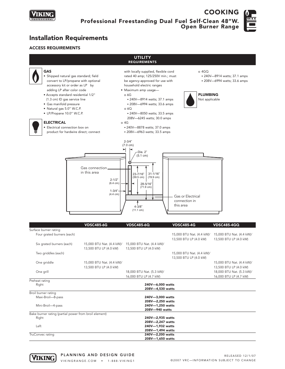 Cooking, Installation requirements, Utility | Access requirements | Viking VDSC485-6G* User Manual | Page 4 / 6