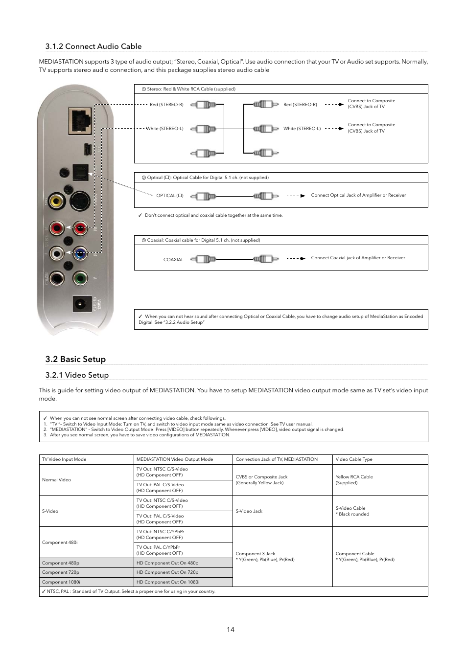 2 basic setup, 2 connect audio cable, 1 video setup | Verbatim MediaStation Network Multimedia Hard Drive User Manual | Page 14 / 27