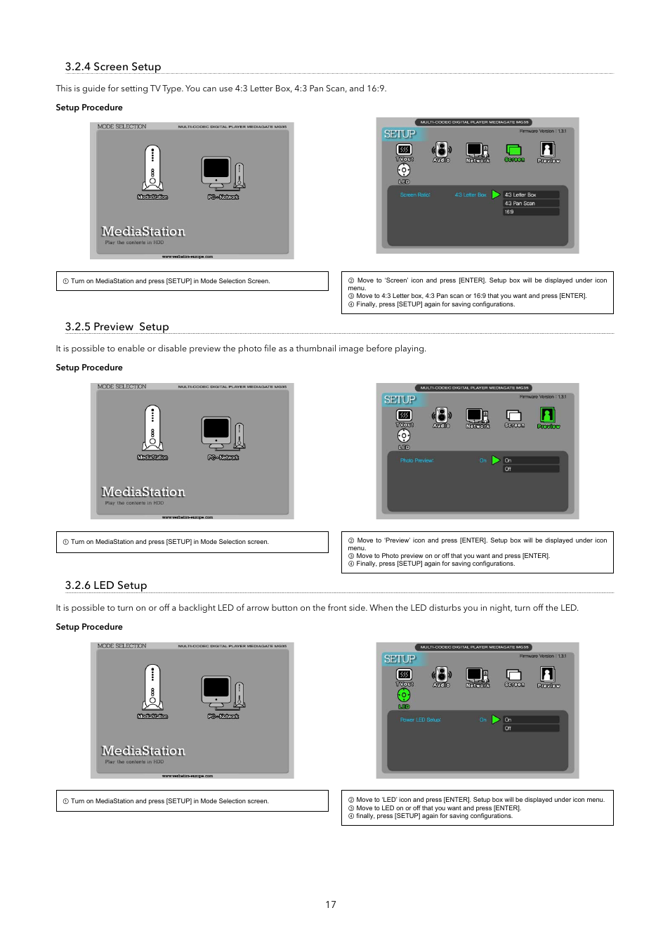 4 screen setup, 5 preview setup, 6 led setup | Verbatim MediaStation Network Multimedia Hard Drive User Manual | Page 17 / 27