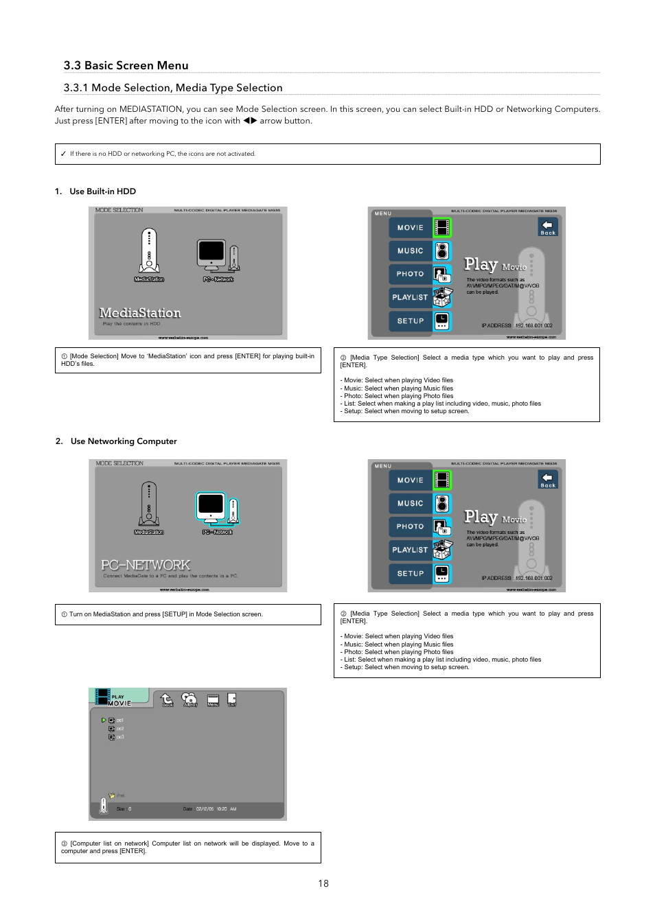 3 basic screen menu, 1 mode selection, media type selection | Verbatim MediaStation Network Multimedia Hard Drive User Manual | Page 18 / 27