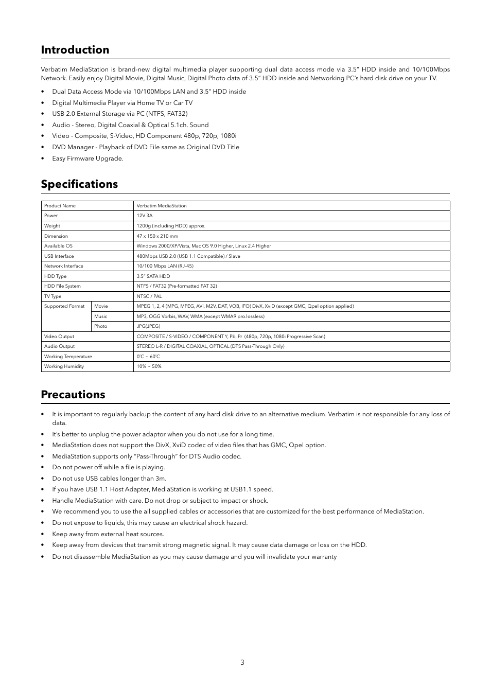 Introduction, Speciﬁ cations, Precautions | Verbatim MediaStation Network Multimedia Hard Drive User Manual | Page 3 / 27
