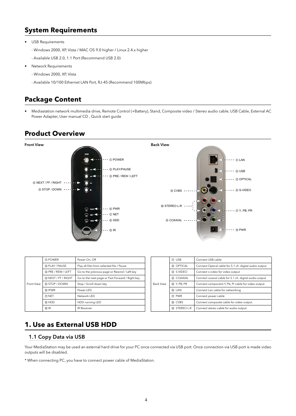 System requirements, Package content, Product overview 1. use as external usb hdd | 1 copy data via usb | Verbatim MediaStation Network Multimedia Hard Drive User Manual | Page 4 / 27