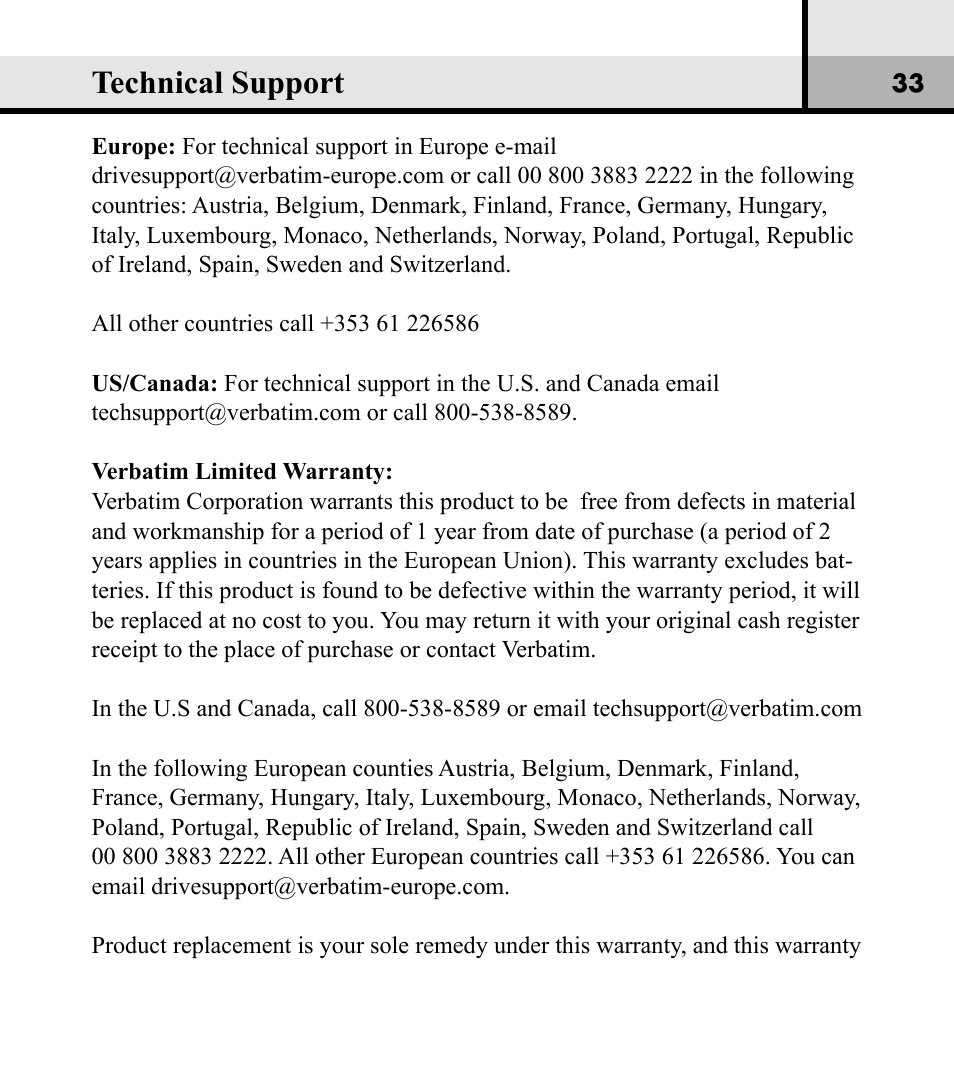 Technical support | Verbatim Store 'n' Play VM-01 User Manual | Page 34 / 35