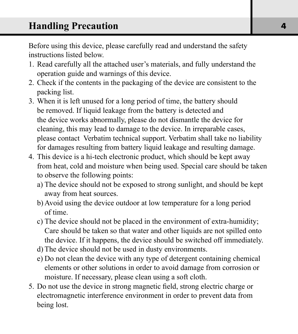 Handling precaution | Verbatim Store 'n' Play VM-01 User Manual | Page 5 / 35