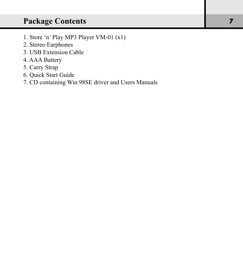 Package contents | Verbatim Store 'n' Play VM-01 User Manual | Page 8 / 35