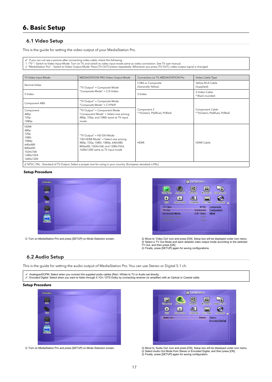 Basic setup, 1 video setup, 2 audio setup | Verbatim MediaStation Pro Wireless Network Multimedia Hard Drive User Manual | Page 17 / 33