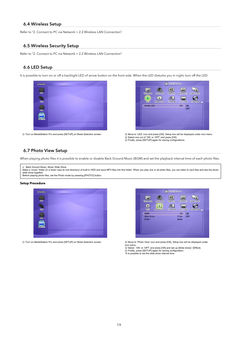 4 wireless setup, 5 wireless security setup, 6 led setup | 7 photo view setup | Verbatim MediaStation Pro Wireless Network Multimedia Hard Drive User Manual | Page 19 / 33