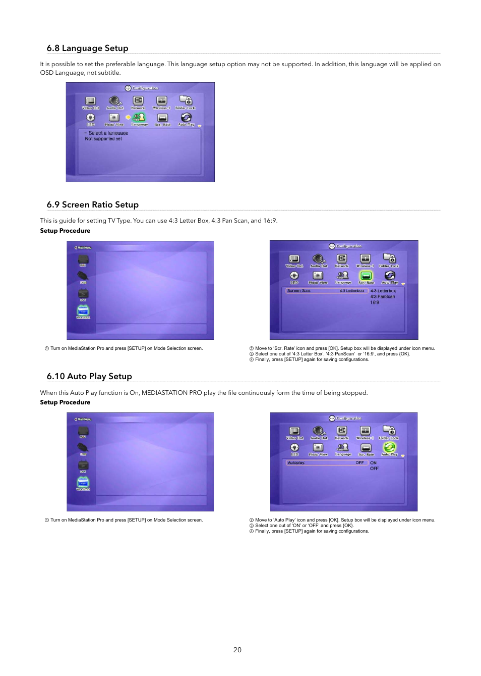 8 language setup, 9 screen ratio setup, 10 auto play setup | Verbatim MediaStation Pro Wireless Network Multimedia Hard Drive User Manual | Page 20 / 33