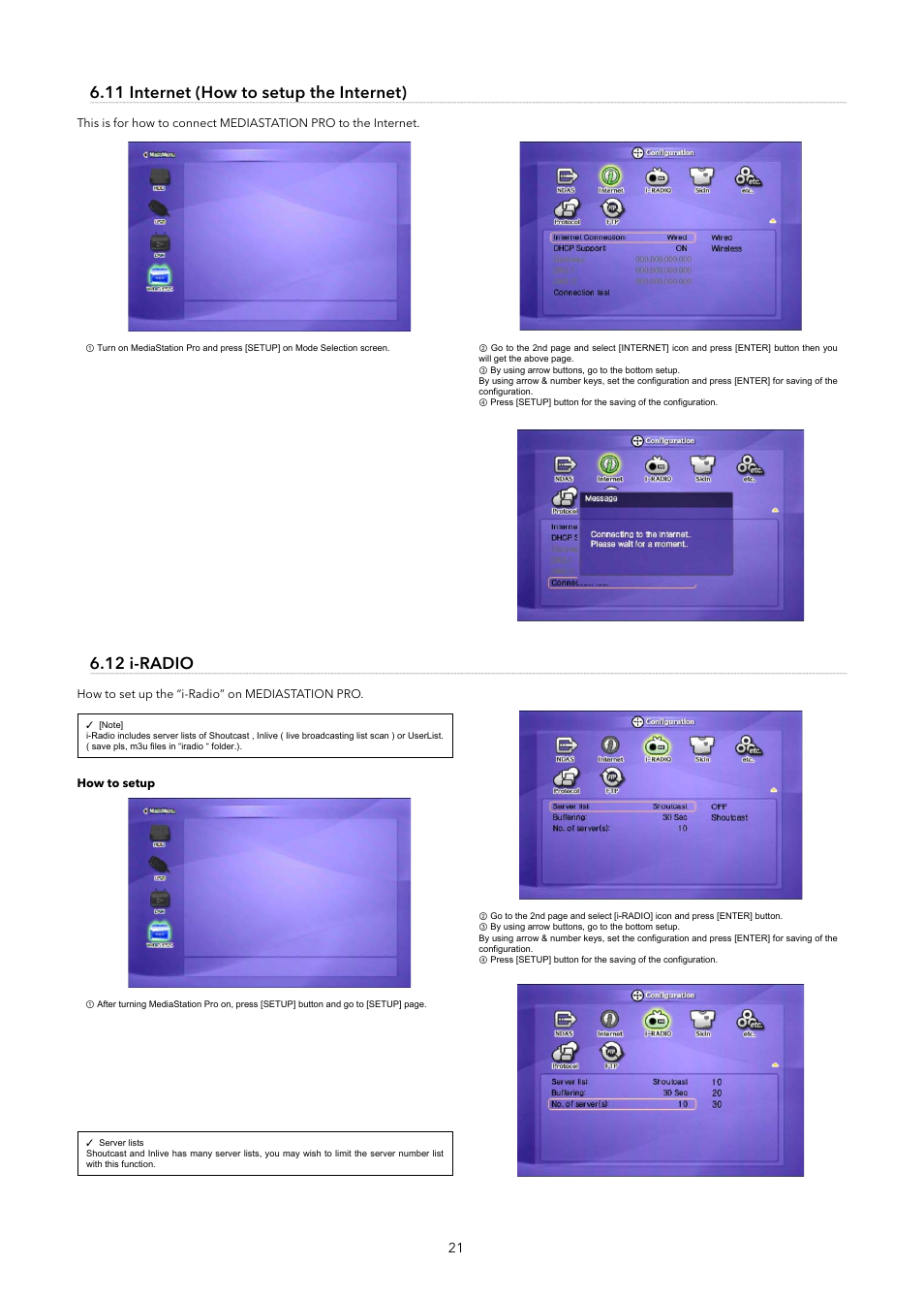 11 internet (how to setup the internet), 12 i-radio | Verbatim MediaStation Pro Wireless Network Multimedia Hard Drive User Manual | Page 21 / 33