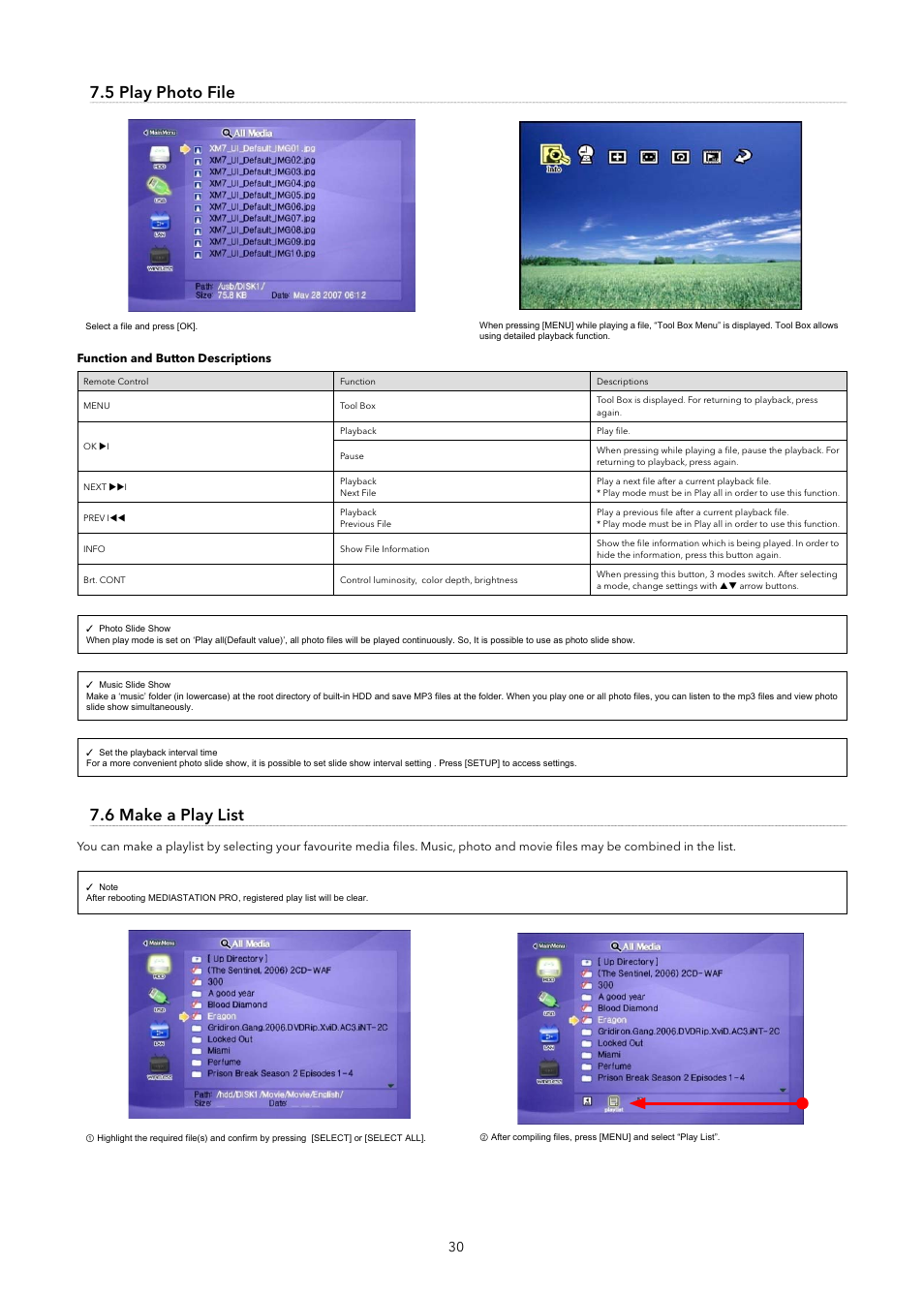 5 play photo file, 6 make a play list | Verbatim MediaStation Pro Wireless Network Multimedia Hard Drive User Manual | Page 30 / 33