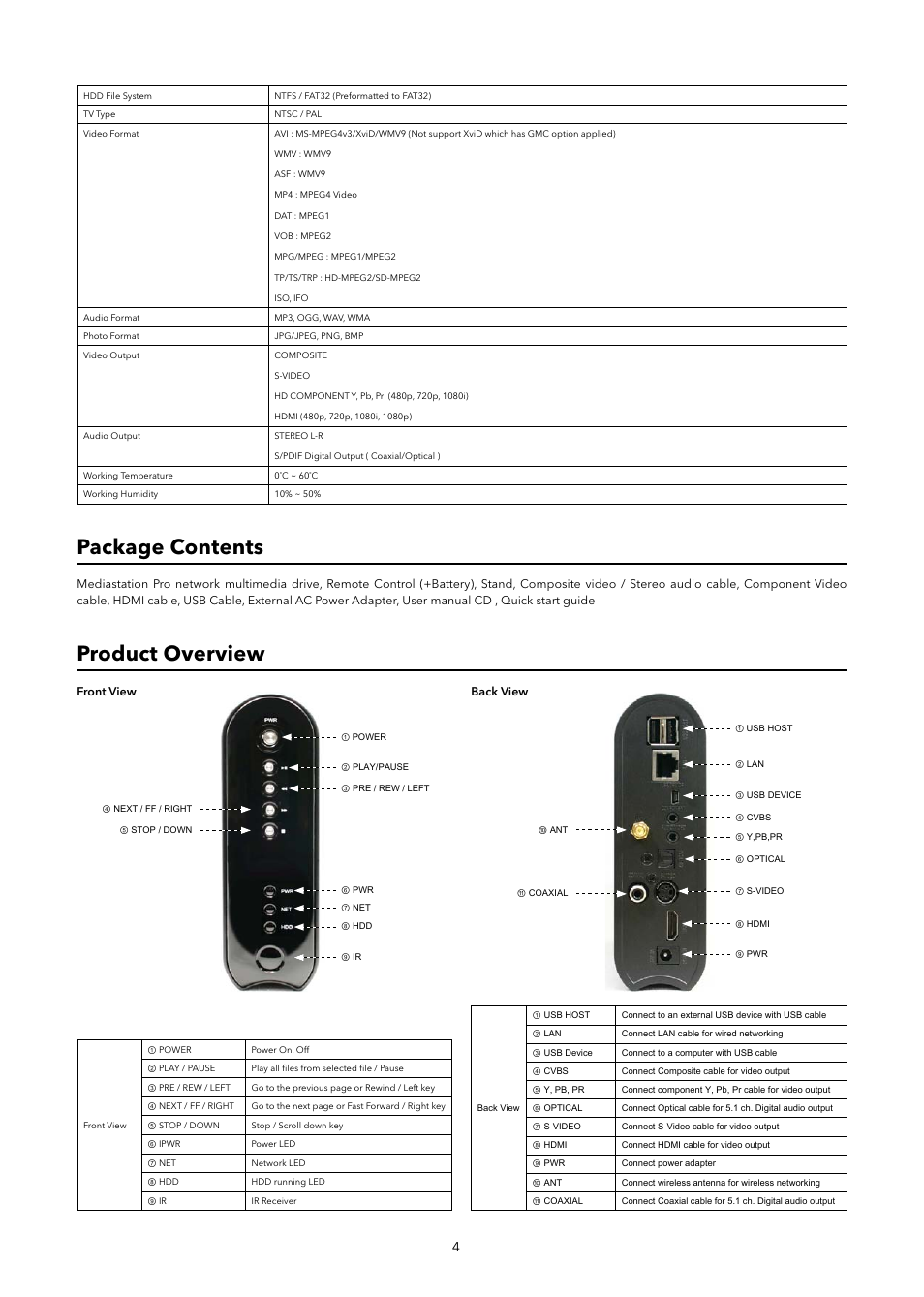 Package contents, Product overview | Verbatim MediaStation Pro Wireless Network Multimedia Hard Drive User Manual | Page 4 / 33