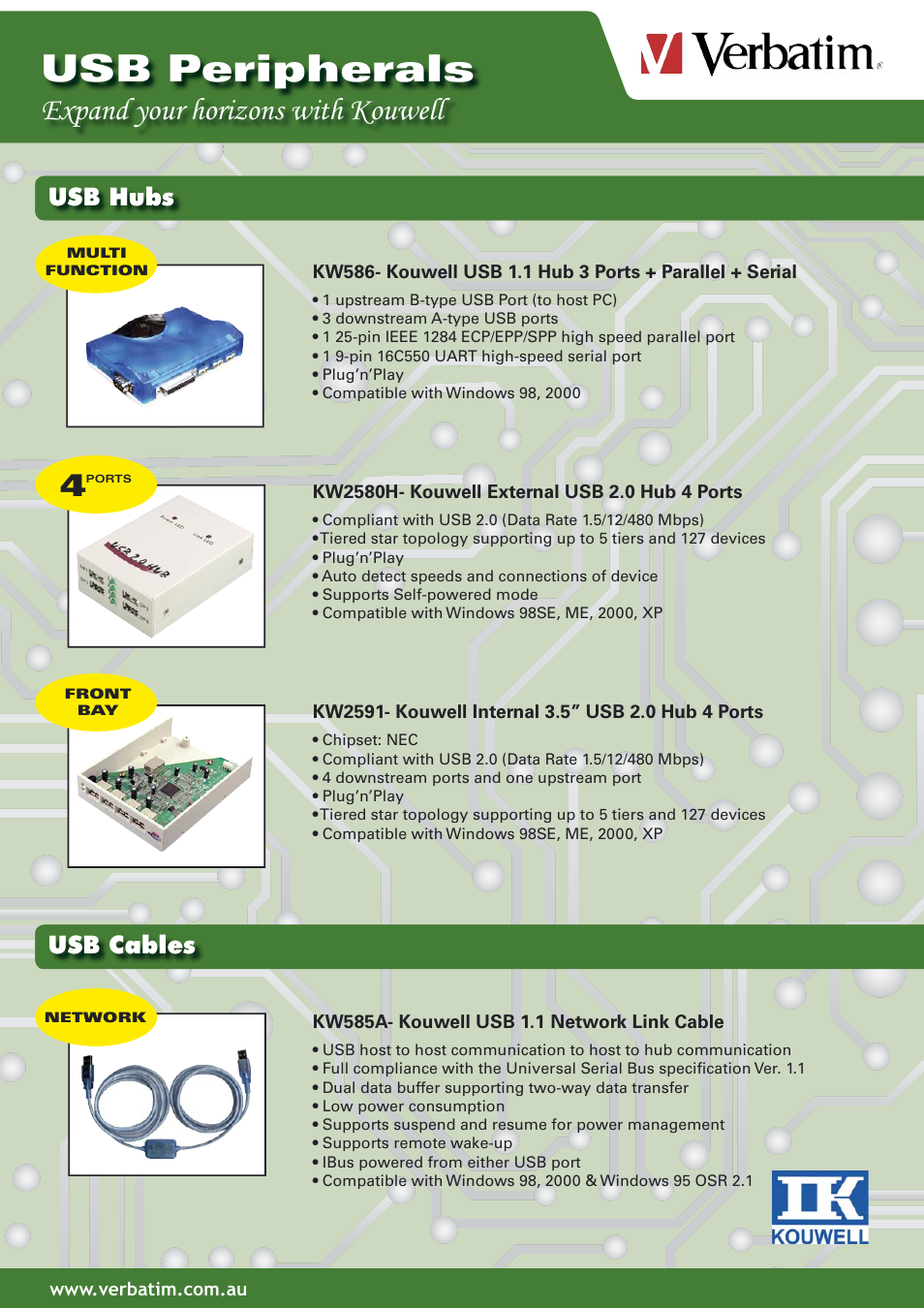 Usb peripherals, Expand your horizons with kouwell, Usb hubs usb cables | Verbatim KWF2580N User Manual | Page 2 / 3