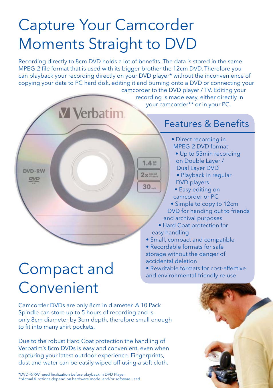 Capture your camcorder moments straight to dvd, Compact and convenient, Features & beneﬁ ts | Verbatim 8cm DVD User Manual | Page 3 / 10
