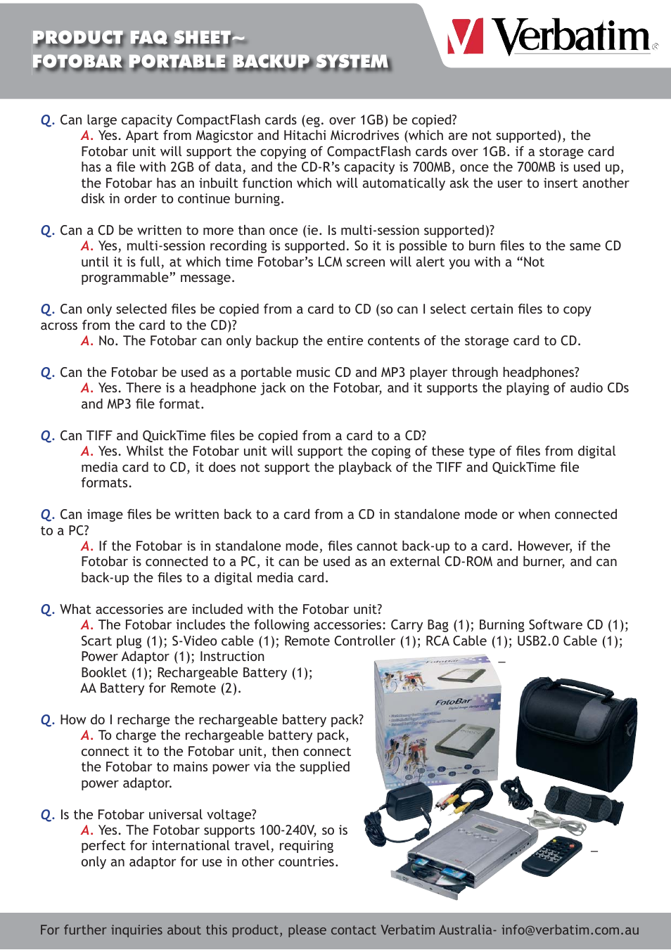 Product faq sheet~ fotobar portable backup system | Verbatim Datalife 3.5" Diskette User Manual | Page 2 / 2