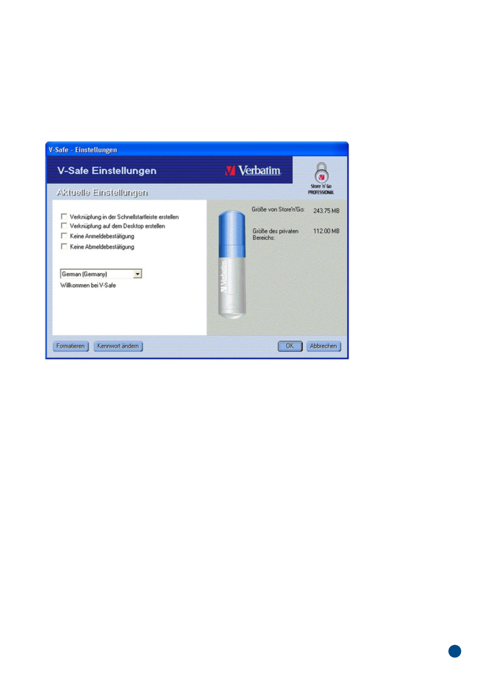 Deutsch, Personalisierung ihrer einstellungen | Verbatim Store'n'Go Professional V-Safe User Manual | Page 46 / 88