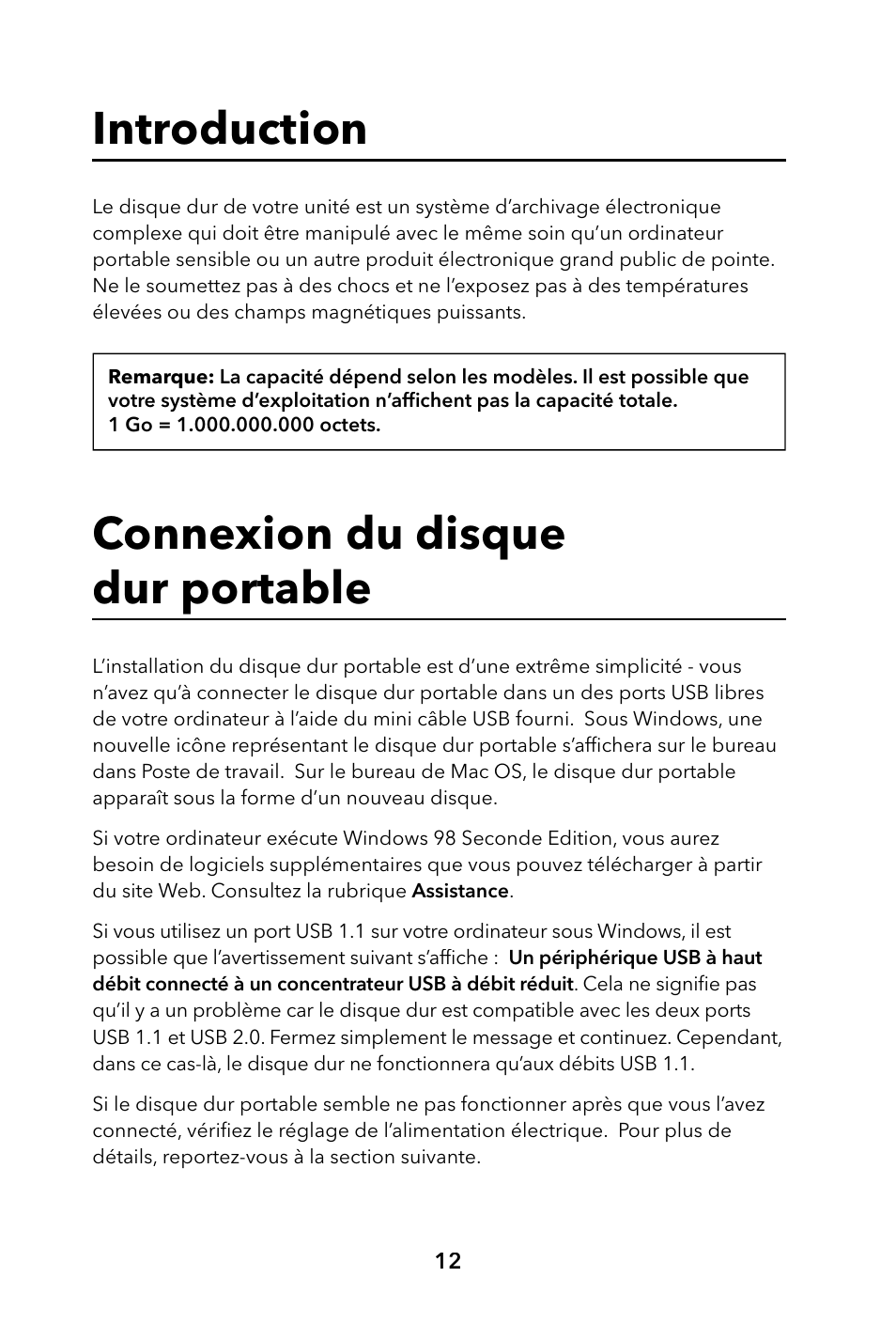 Introduction, Connexion du disque dur portable | Verbatim Portable Hard Drive USB 2.0 User Manual | Page 12 / 53