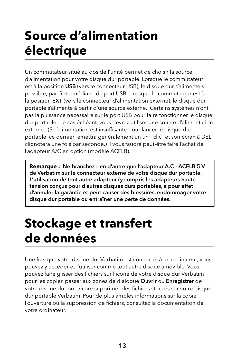 Source d’alimentation électrique, Stockage et transfert de données | Verbatim Portable Hard Drive USB 2.0 User Manual | Page 13 / 53