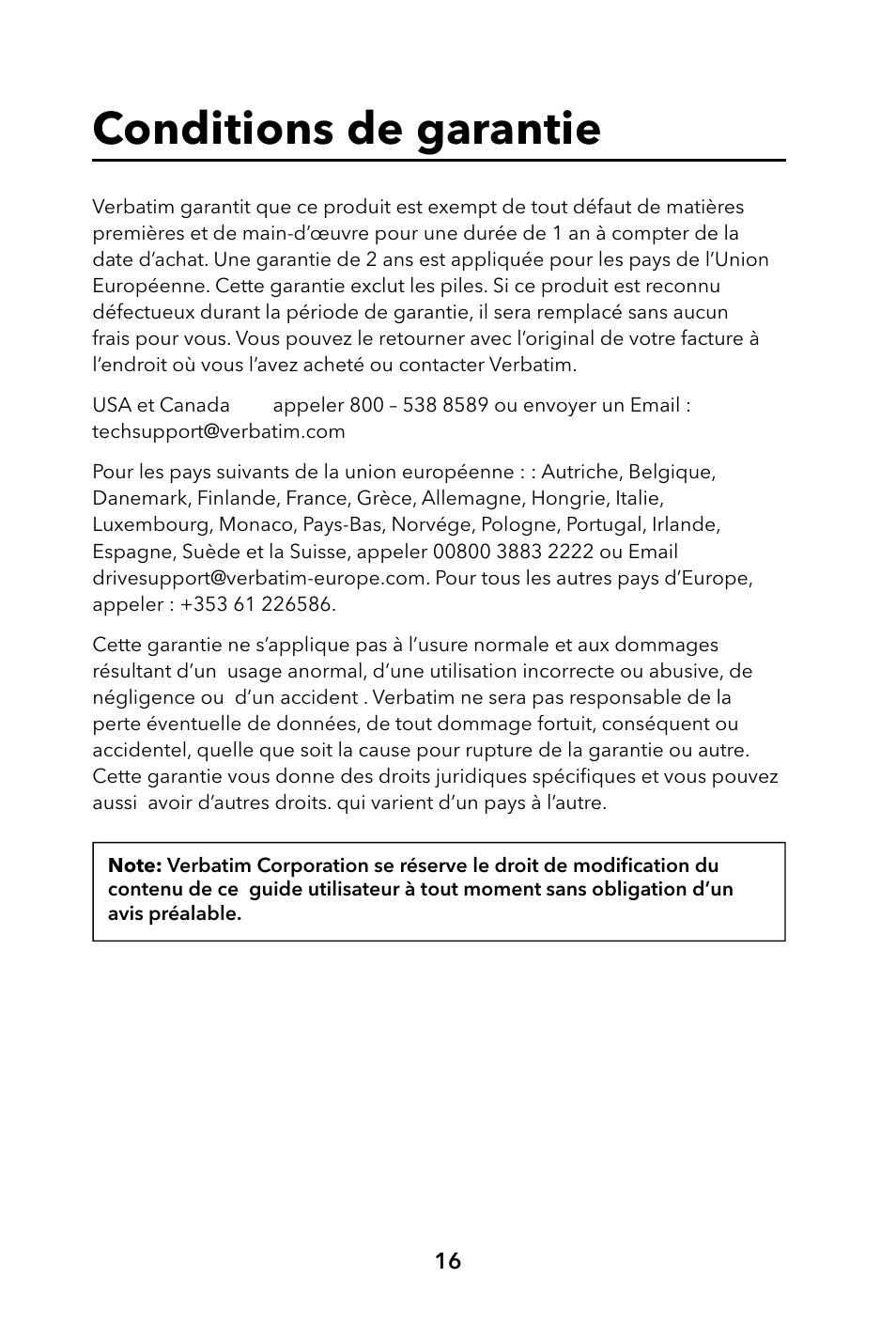 Conditions de garantie | Verbatim Portable Hard Drive USB 2.0 User Manual | Page 16 / 53
