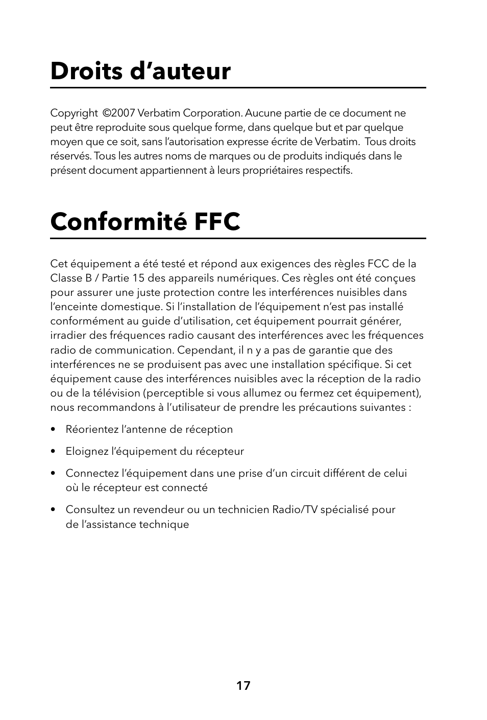 Droits d’auteur, Conformité ffc | Verbatim Portable Hard Drive USB 2.0 User Manual | Page 17 / 53