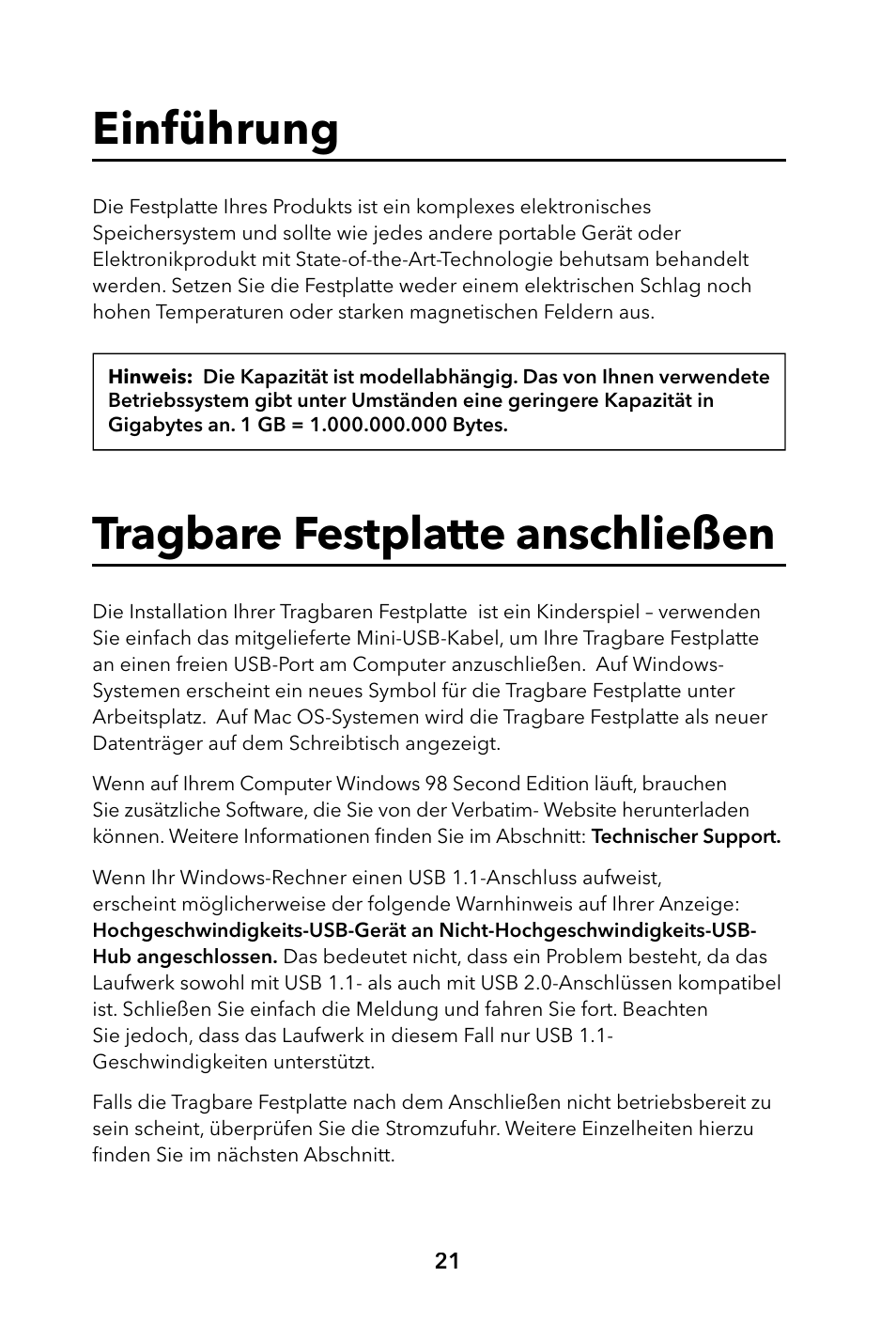 Einführung, Tragbare festplatte anschließen | Verbatim Portable Hard Drive USB 2.0 User Manual | Page 21 / 53