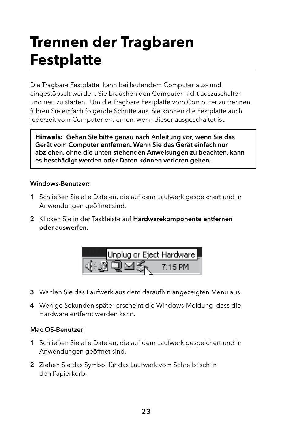 Trennen der tragbaren festplatte | Verbatim Portable Hard Drive USB 2.0 User Manual | Page 23 / 53