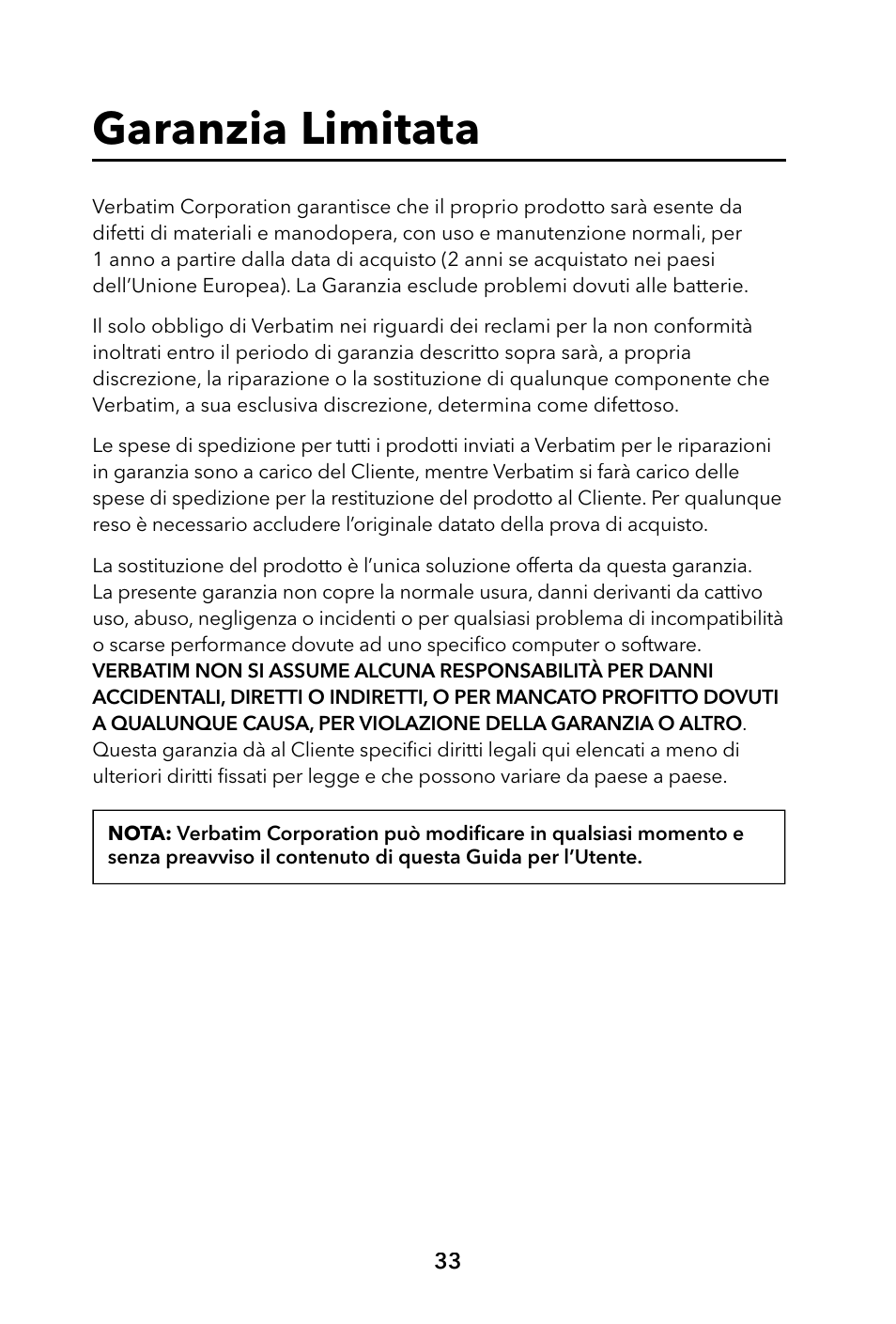 Garanzia limitata | Verbatim Portable Hard Drive USB 2.0 User Manual | Page 33 / 53