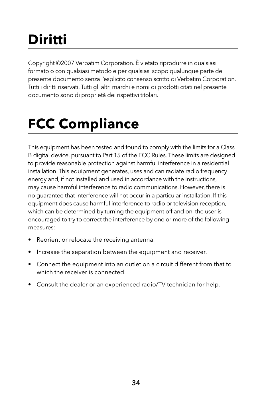 Diritti, Fcc compliance | Verbatim Portable Hard Drive USB 2.0 User Manual | Page 34 / 53