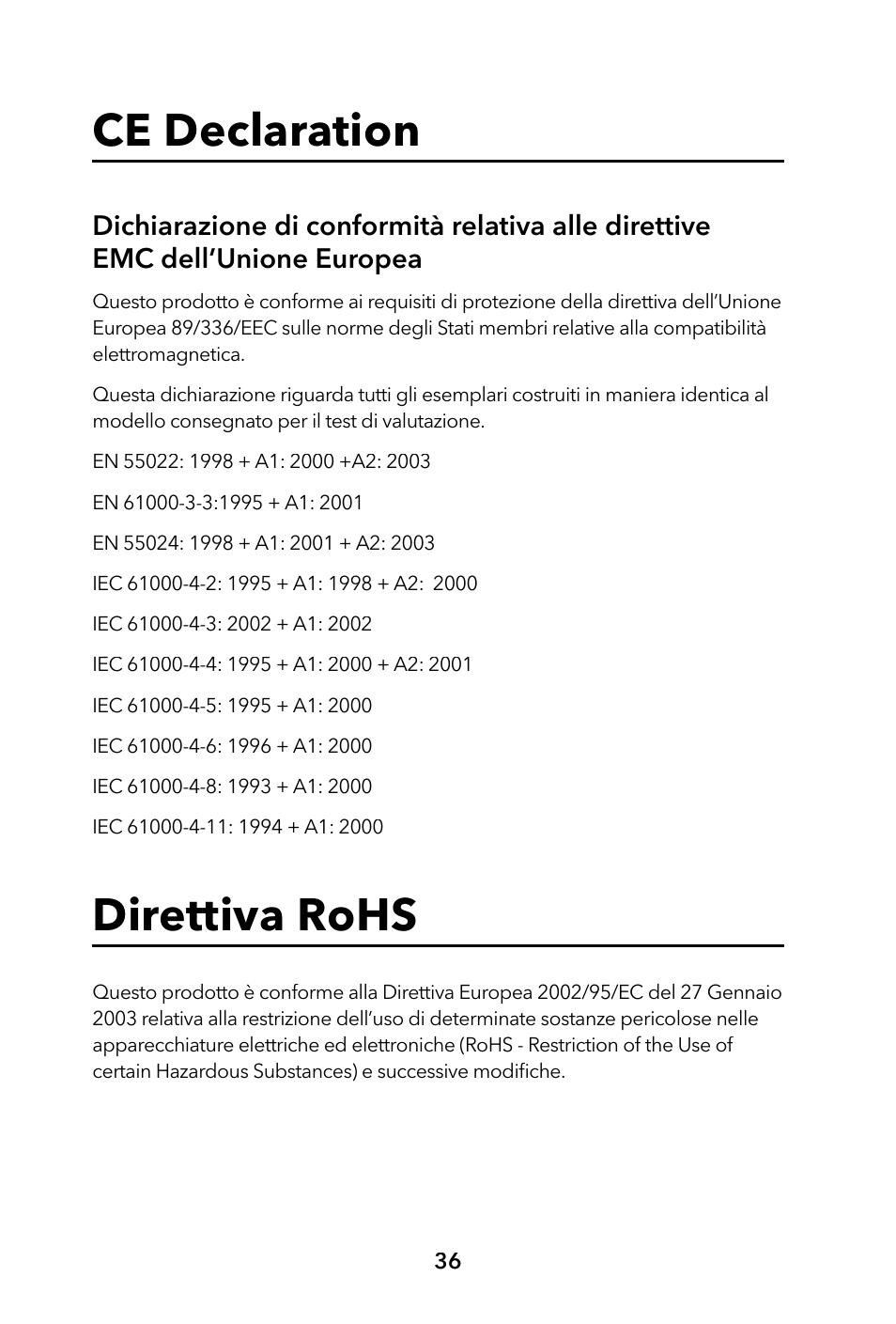 Ce declaration, Direttiva rohs | Verbatim Portable Hard Drive USB 2.0 User Manual | Page 36 / 53